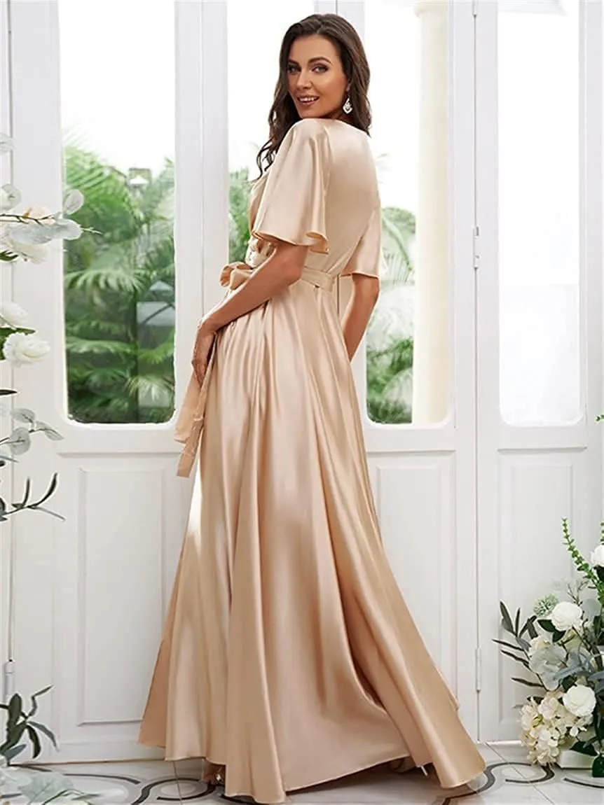 OFEECHUN Women's V Neck Satin Bridesmaid Dresses with Sleeves Slit A Line Long Formal Dress Party Gowns