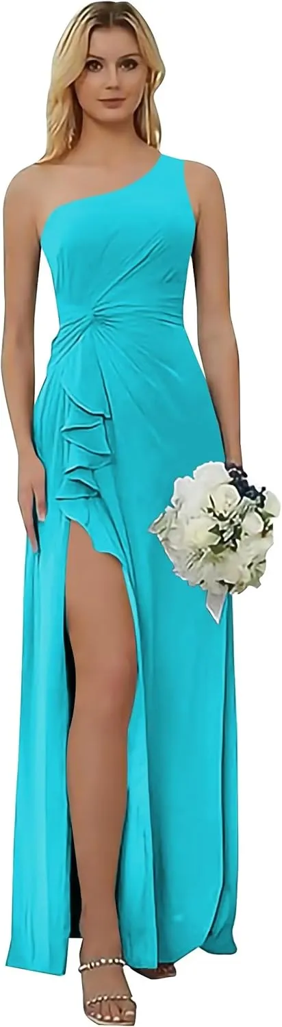 One Shoulder Bridesmaid Dresses for Women Long Ruched Chiffon Formal Dress with Slit A Line Evening Gown with Pleated