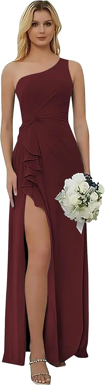 One Shoulder Bridesmaid Dresses for Women Long Ruched Chiffon Formal Dress with Slit A Line Evening Gown with Pleated