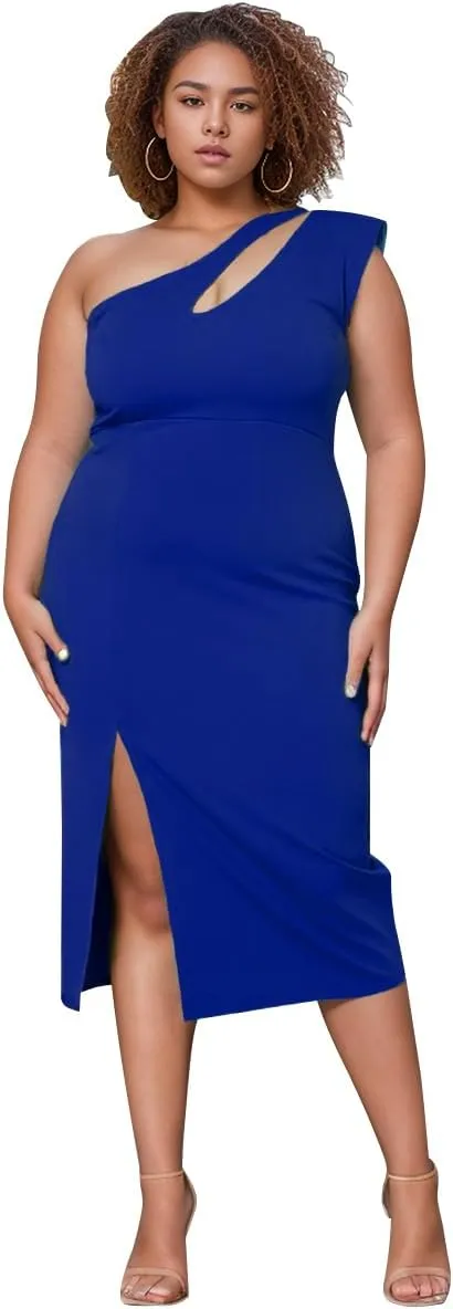 One Shoulder Dresses for Women Sexy Bodycon High Waist Slit Midi Pencil Dress
