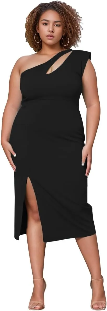 One Shoulder Dresses for Women Sexy Bodycon High Waist Slit Midi Pencil Dress