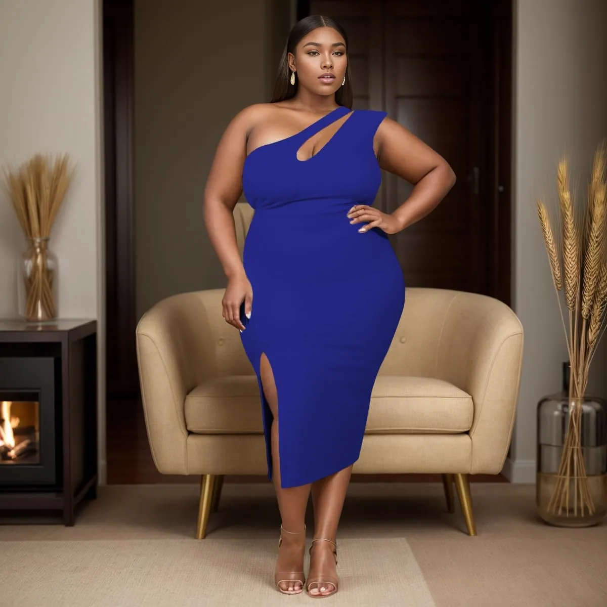 One Shoulder Dresses for Women Sexy Bodycon High Waist Slit Midi Pencil Dress