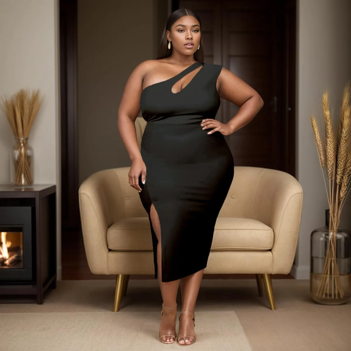 One Shoulder Dresses for Women Sexy Bodycon High Waist Slit Midi Pencil Dress