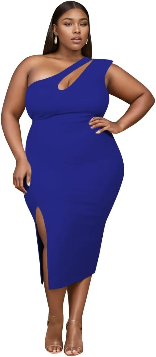 One Shoulder Dresses for Women Sexy Bodycon High Waist Slit Midi Pencil Dress