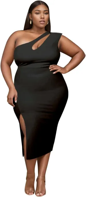 One Shoulder Dresses for Women Sexy Bodycon High Waist Slit Midi Pencil Dress