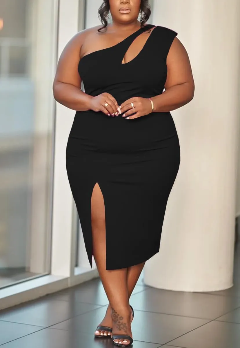 One Shoulder Dresses for Women Sexy Bodycon High Waist Slit Midi Pencil Dress