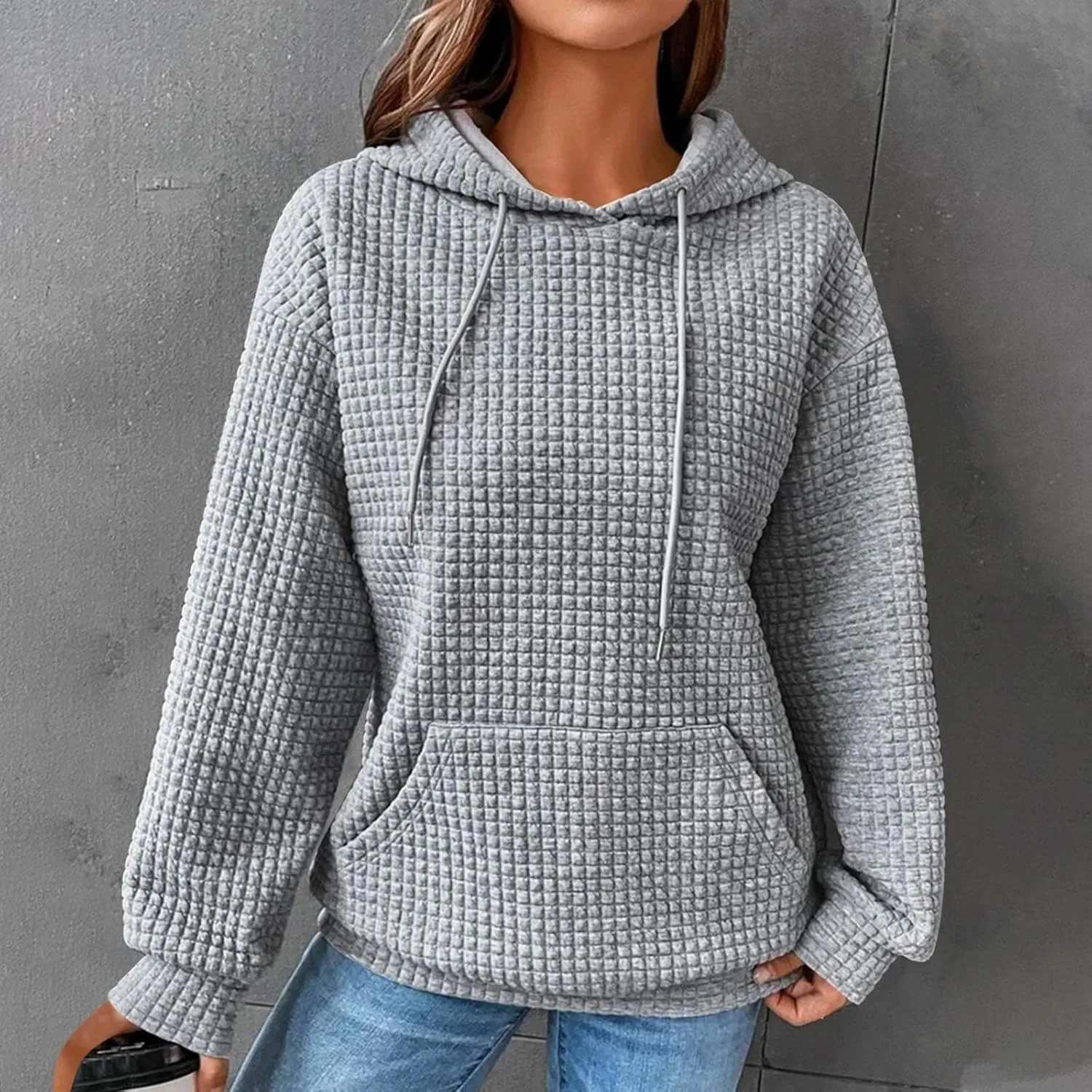Oversized Hoodies for Women Athleisure Quilted Drawstring Crewneck Sweatshirts Fall Knit Pullover Sweaters with Pocket