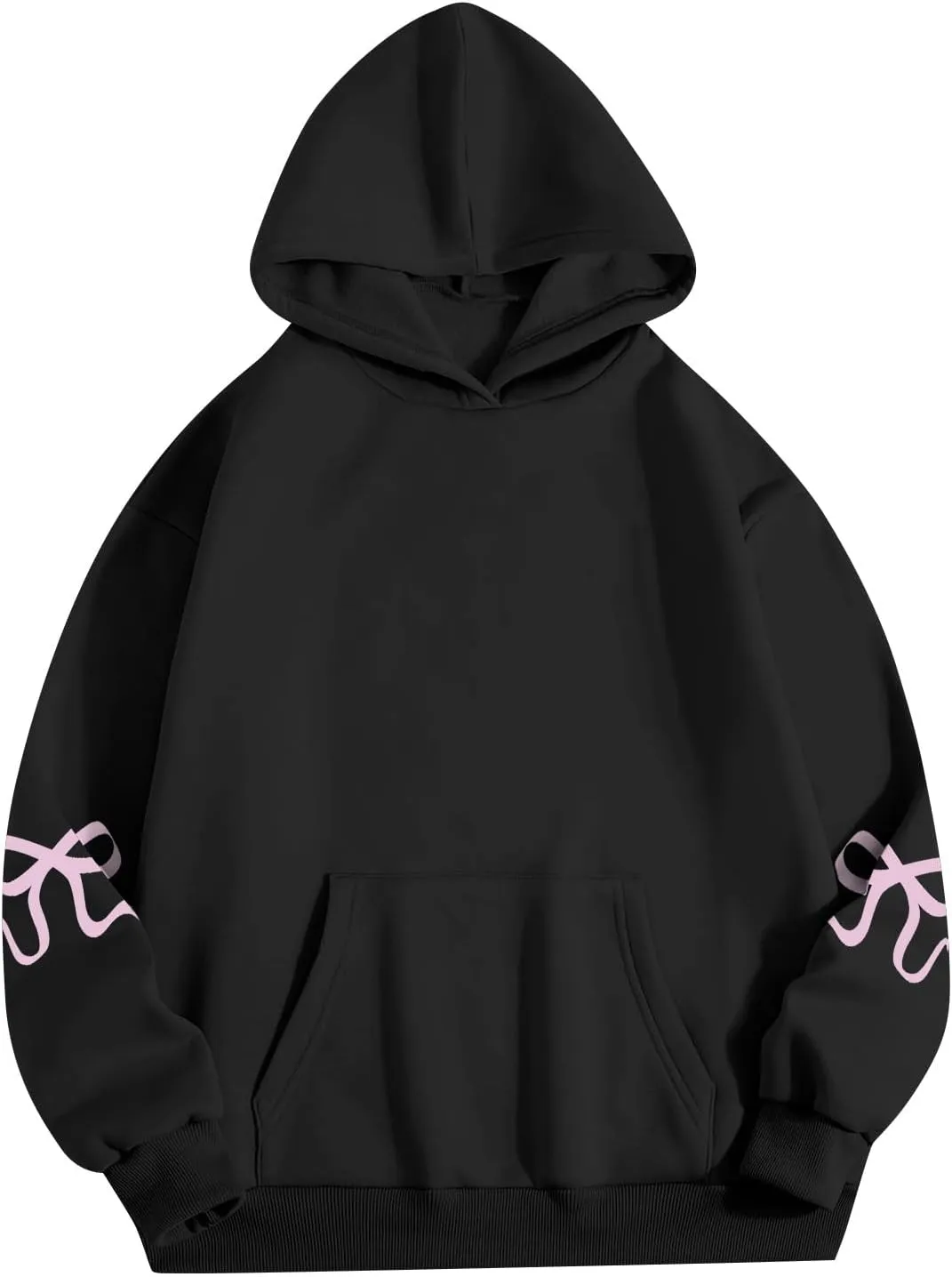 Oversized Hoodies for Women Cute Bow Trim Preppy Sweatshirts Long Sleeve Drop Shoulder Fleece Pullover Tops w/Pocket