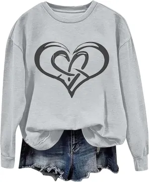 Oversized Hoodless Fall Sweatshirt for Womens Print Big Heart Long Sleeve Crewneck Solid Shirts 2024 Pullover