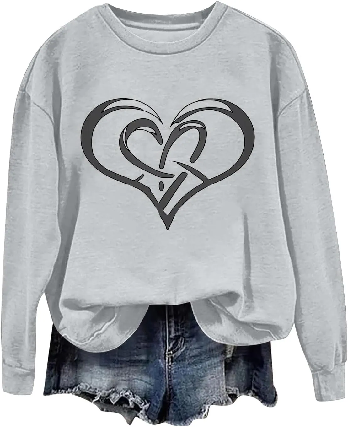 Oversized Hoodless Fall Sweatshirt for Womens Print Big Heart Long Sleeve Crewneck Solid Shirts 2024 Pullover