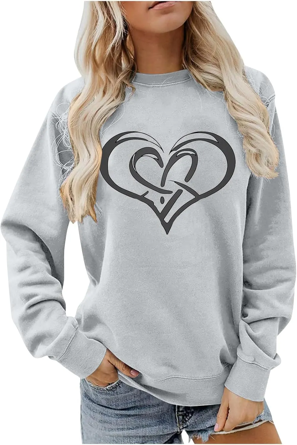 Oversized Hoodless Fall Sweatshirt for Womens Print Big Heart Long Sleeve Crewneck Solid Shirts 2024 Pullover