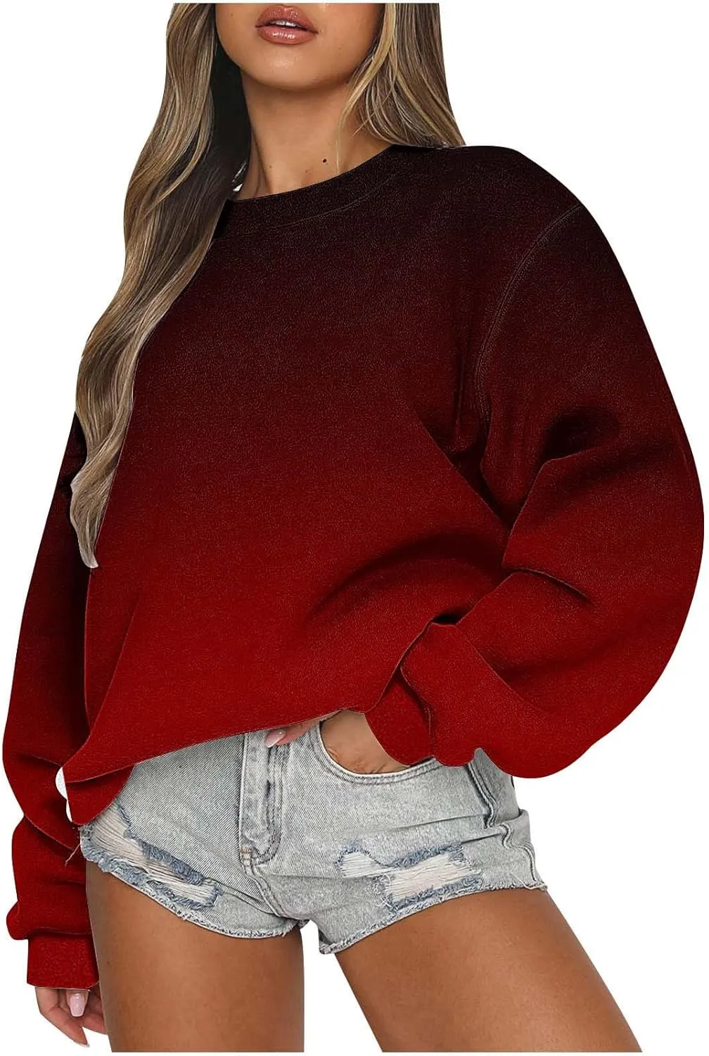 Oversized Long Sleeve Sweatshirts for Women Drop Shoulder Gradient Color Crewneck Pullover Tops Fall Fashion Clothes