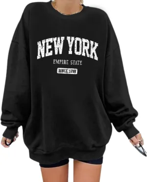 Oversized New York Sweatshirt for Women Aesthetic Preppy Hoodies Vintage Letter Print Graphic Crewneck Pullover Tops