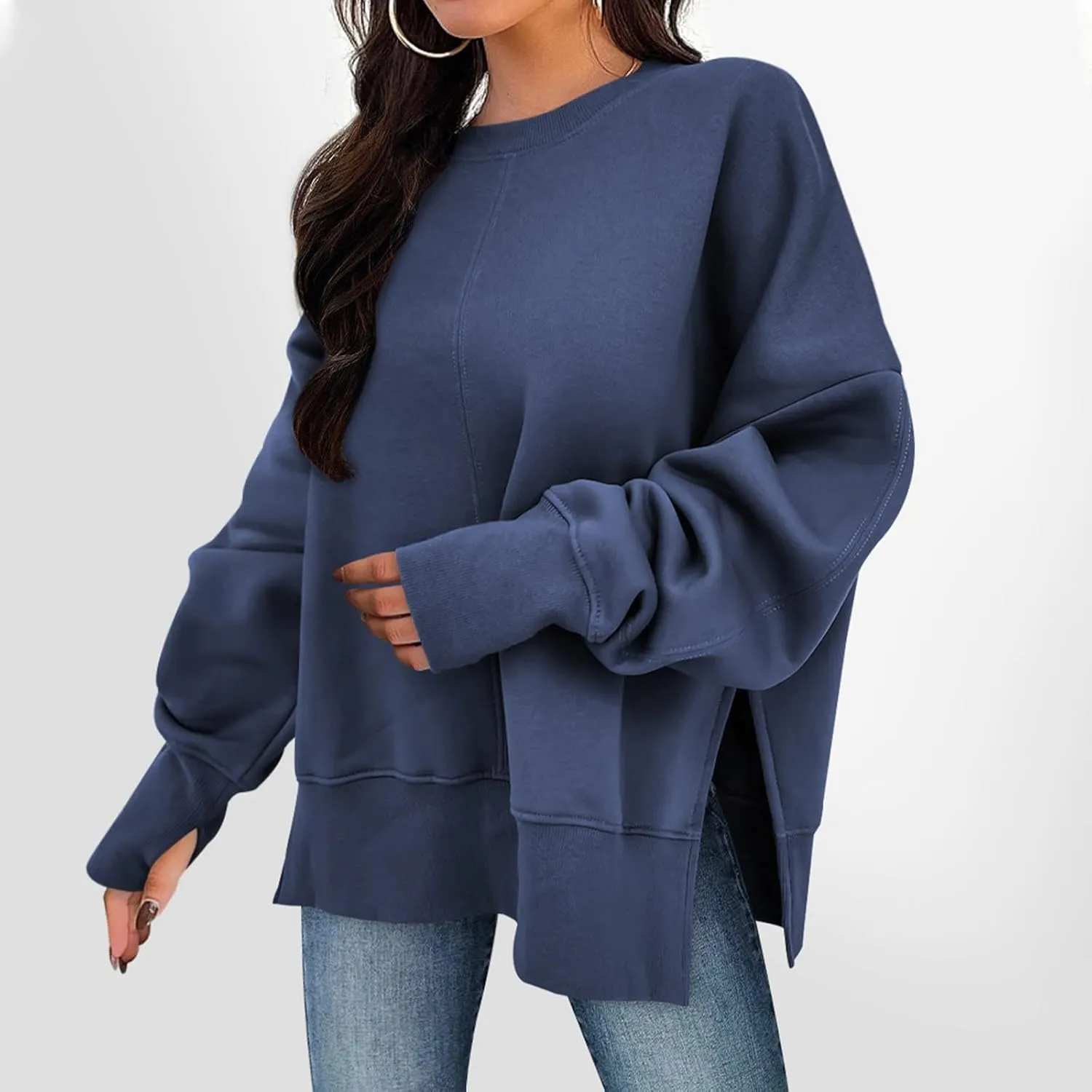 Oversized Sweatshirts for Women Loose Fit Long Sleeve Crew Neck Sweatshirts Casual Split Hem Thumb Hole Pullover