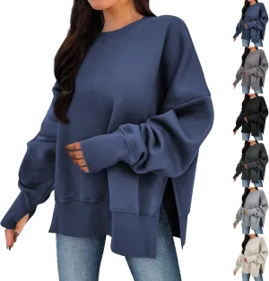 Oversized Sweatshirts for Women Loose Fit Long Sleeve Crew Neck Sweatshirts Casual Split Hem Thumb Hole Pullover