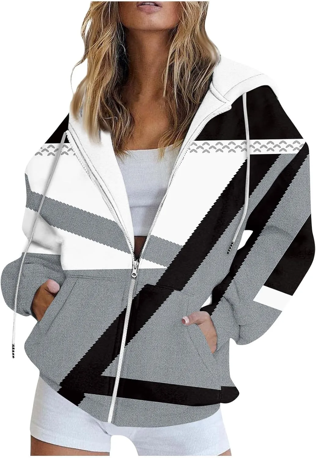 Oversized Zip Up Hoodie for Women Novelty Color Block Long Sleeve Loose Drawstring Sweatshirt Pocket Jacket Outwear