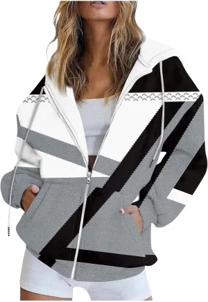 Oversized Zip Up Hoodie for Women Novelty Color Block Long Sleeve Loose Drawstring Sweatshirt Pocket Jacket Outwear