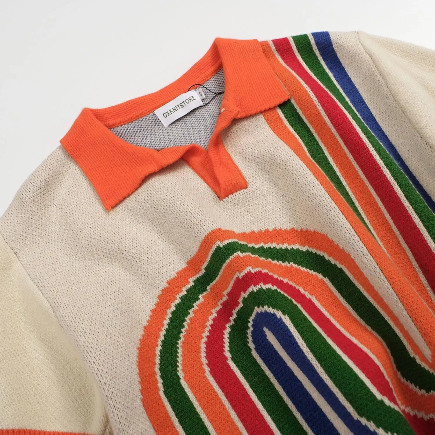 OXKNIT Vintage Polo Shirt for Men's Art Graphic V-Neck Knitted Short Sleeve Polo Shirt