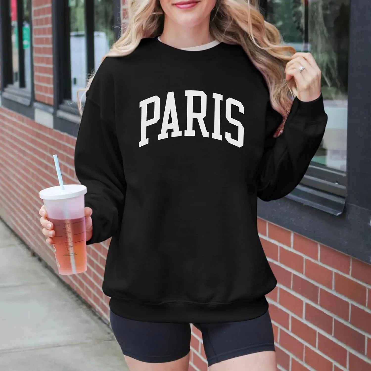Paris France College Sweatshirt for Women Oversized Letter Graphic Preppy Shirts Crewneck Long Sleeve Pullover Tops