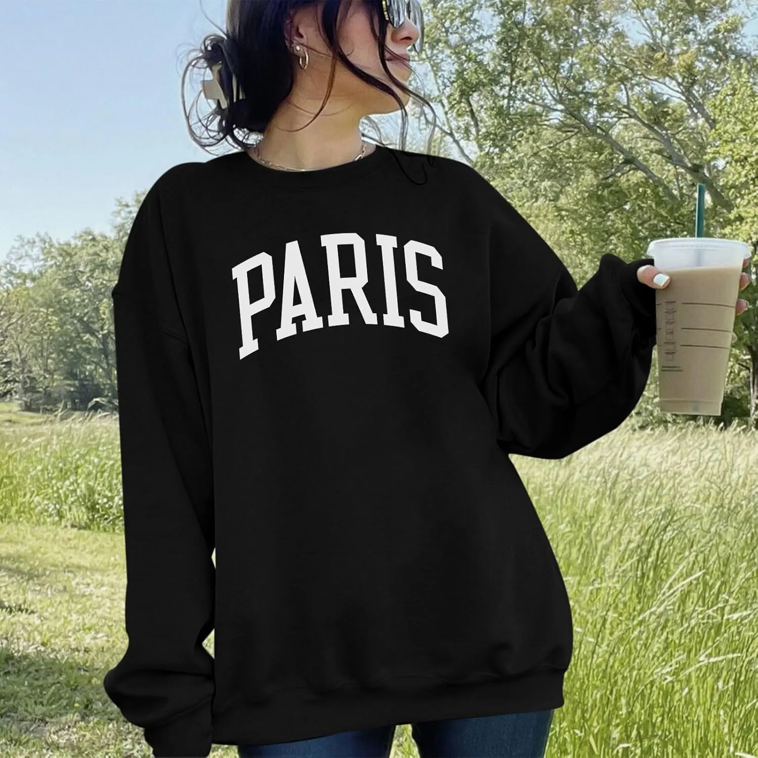 Paris France College Sweatshirt for Women Oversized Letter Graphic Preppy Shirts Crewneck Long Sleeve Pullover Tops