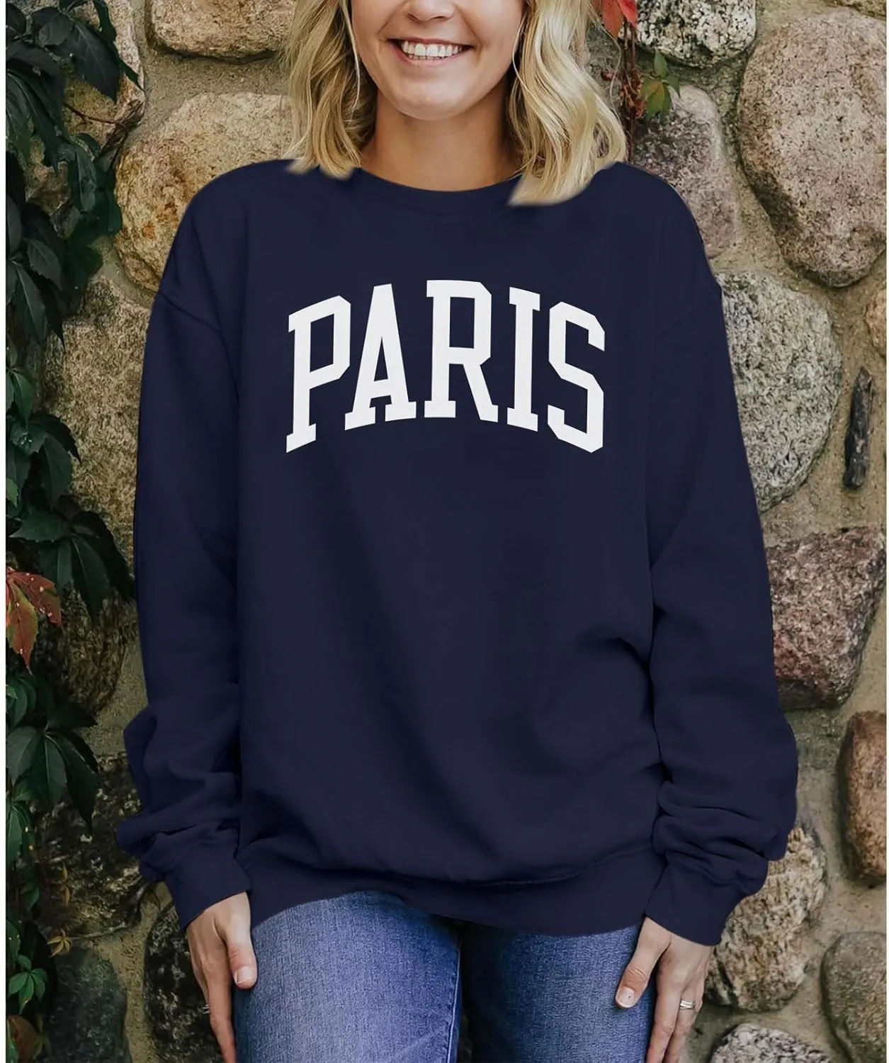 Paris France College Sweatshirt for Women Oversized Letter Graphic Preppy Shirts Crewneck Long Sleeve Pullover Tops