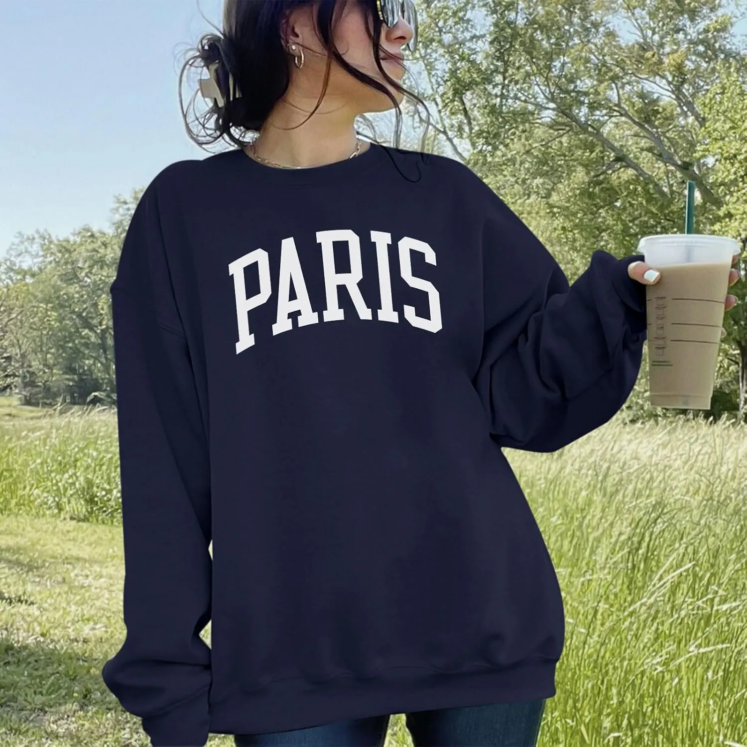 Paris France College Sweatshirt for Women Oversized Letter Graphic Preppy Shirts Crewneck Long Sleeve Pullover Tops