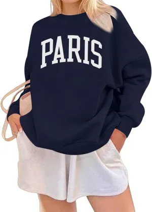 Paris France College Sweatshirt for Women Oversized Letter Graphic Preppy Shirts Crewneck Long Sleeve Pullover Tops
