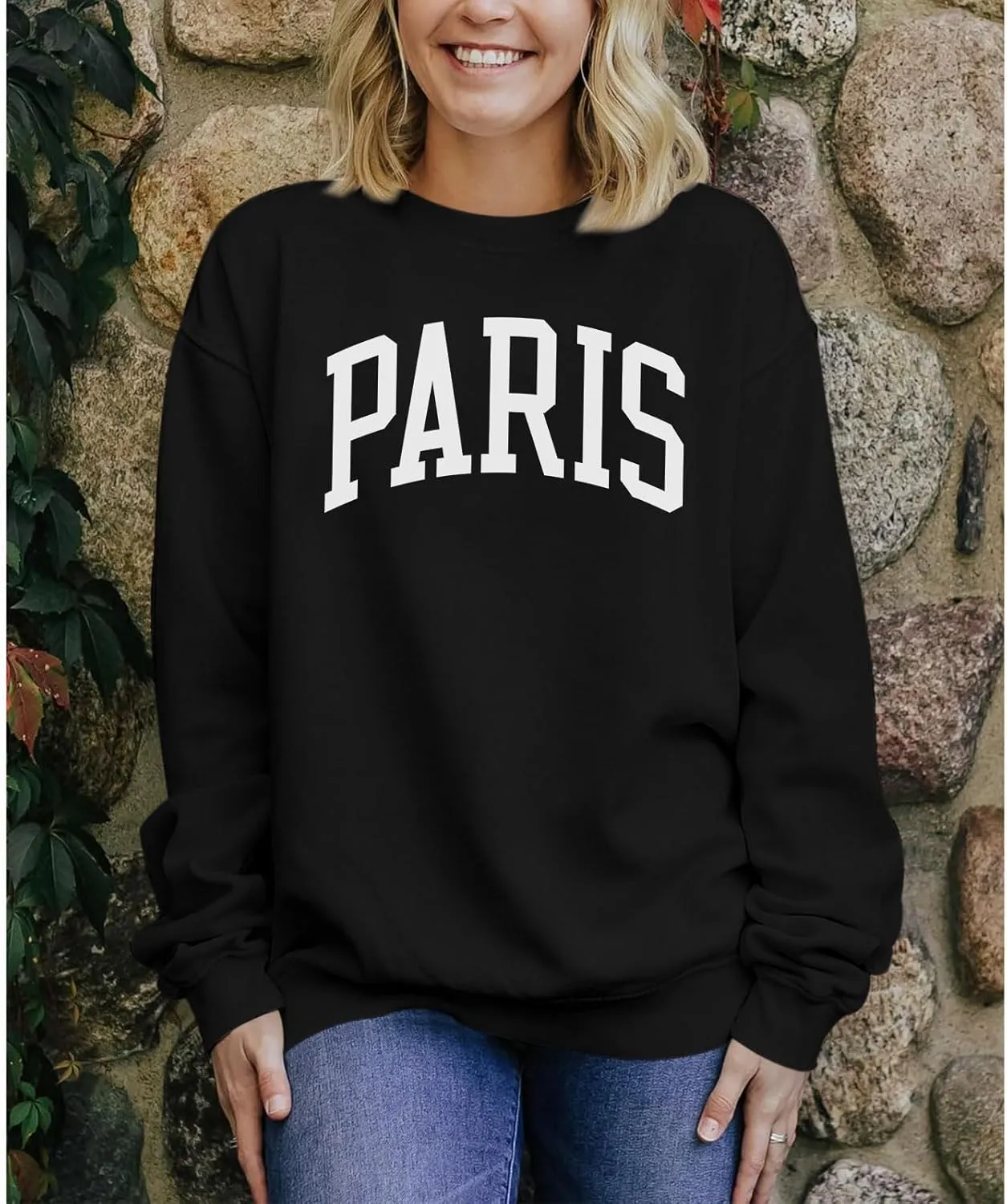 Paris France College Sweatshirt for Women Oversized Letter Graphic Preppy Shirts Crewneck Long Sleeve Pullover Tops