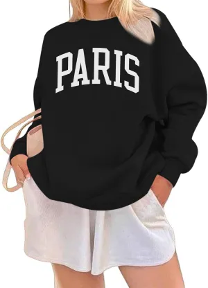 Paris France College Sweatshirt for Women Oversized Letter Graphic Preppy Shirts Crewneck Long Sleeve Pullover Tops