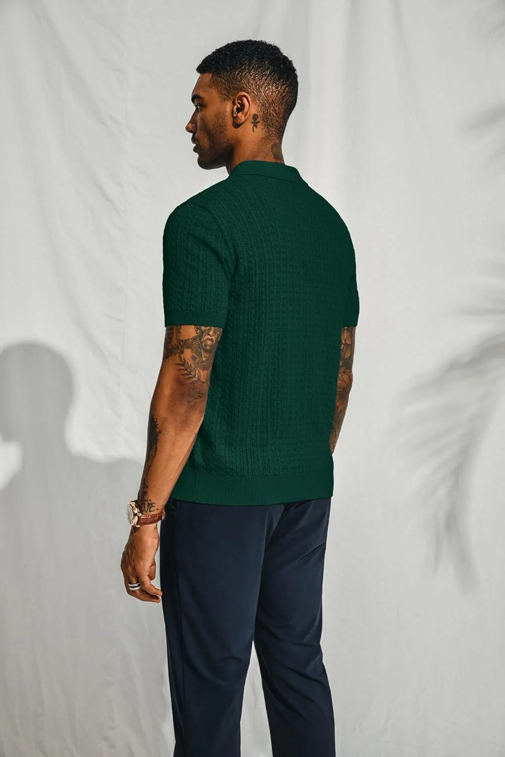 PJ PAUL JONES Mens Knit Polo Shirt Short Sleeve Hollow Out Knit Shirt Texture Knitted Polo