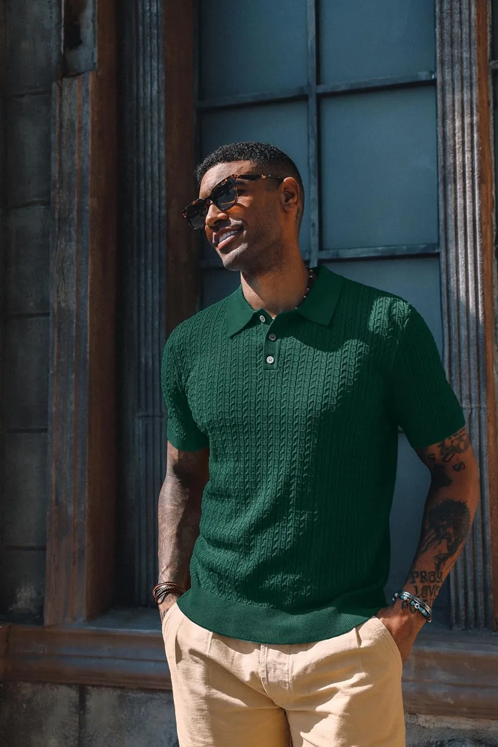 PJ PAUL JONES Mens Knit Polo Shirt Short Sleeve Hollow Out Knit Shirt Texture Knitted Polo