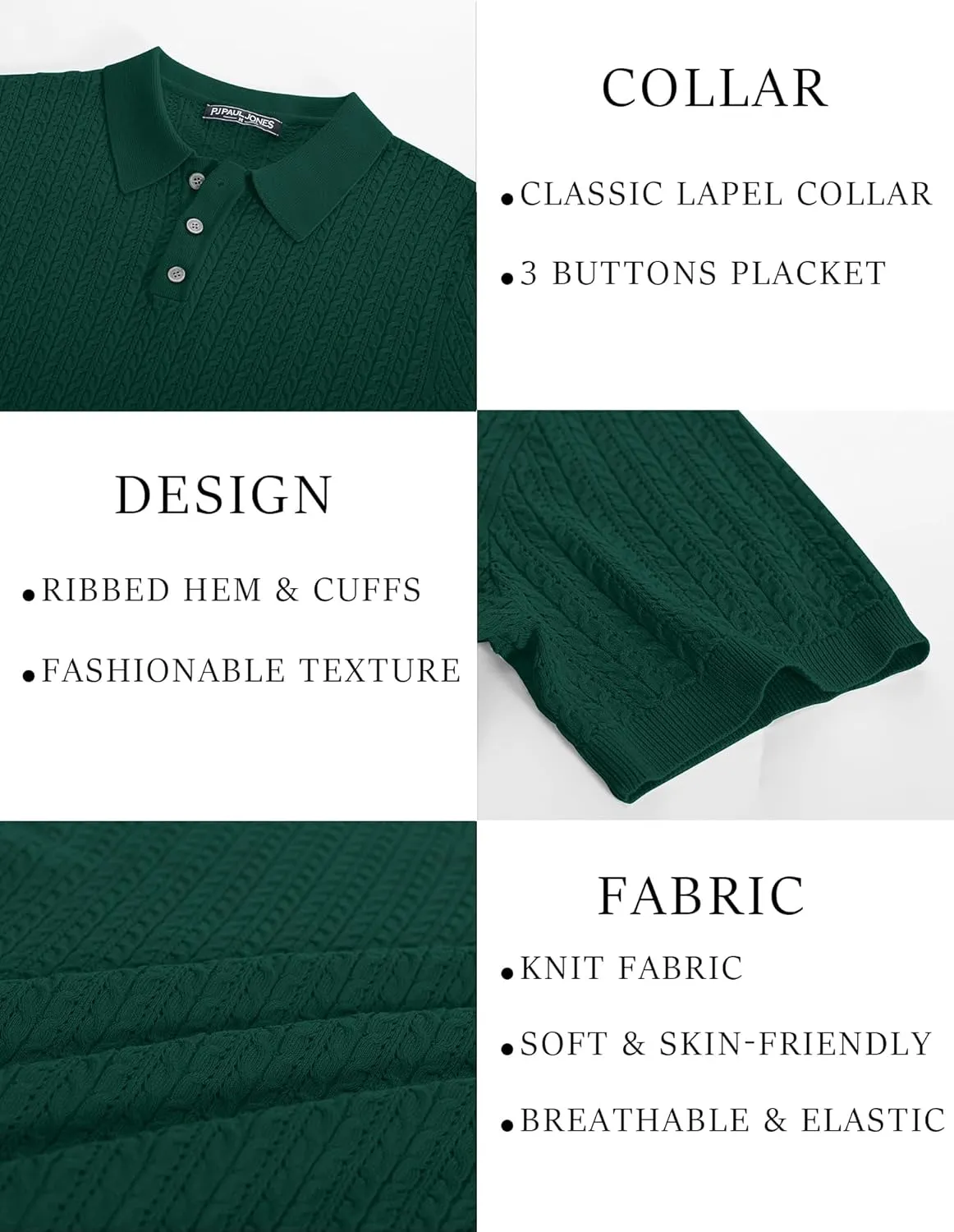PJ PAUL JONES Mens Knit Polo Shirt Short Sleeve Hollow Out Knit Shirt Texture Knitted Polo