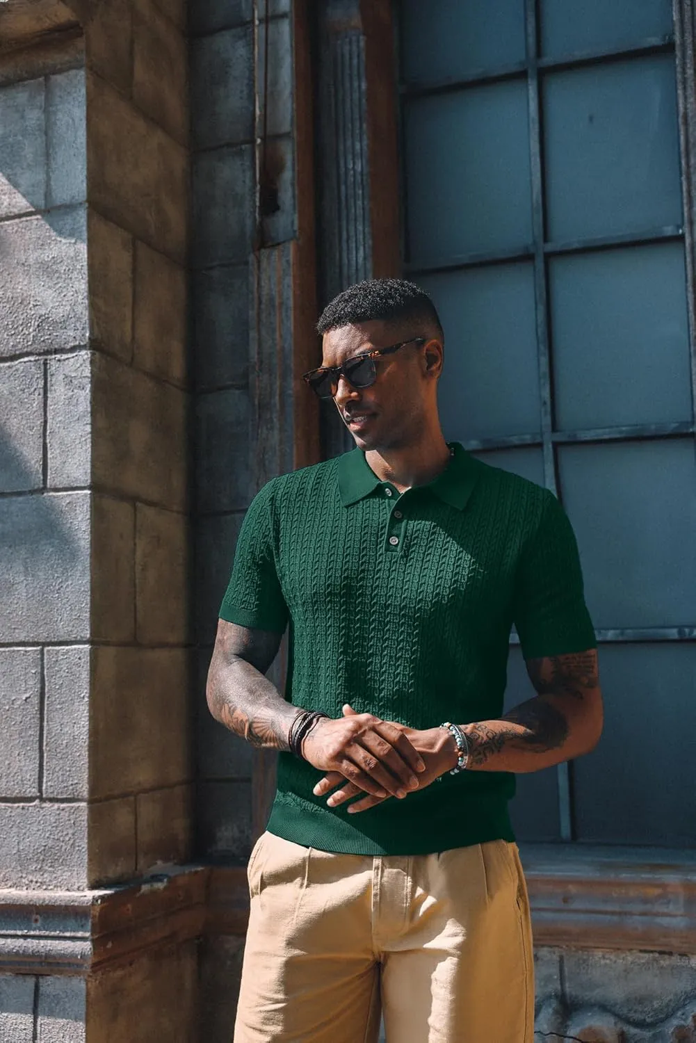 PJ PAUL JONES Mens Knit Polo Shirt Short Sleeve Hollow Out Knit Shirt Texture Knitted Polo