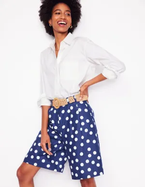 Pleat Linen Wide Leg Shorts-Navy Painted Dot