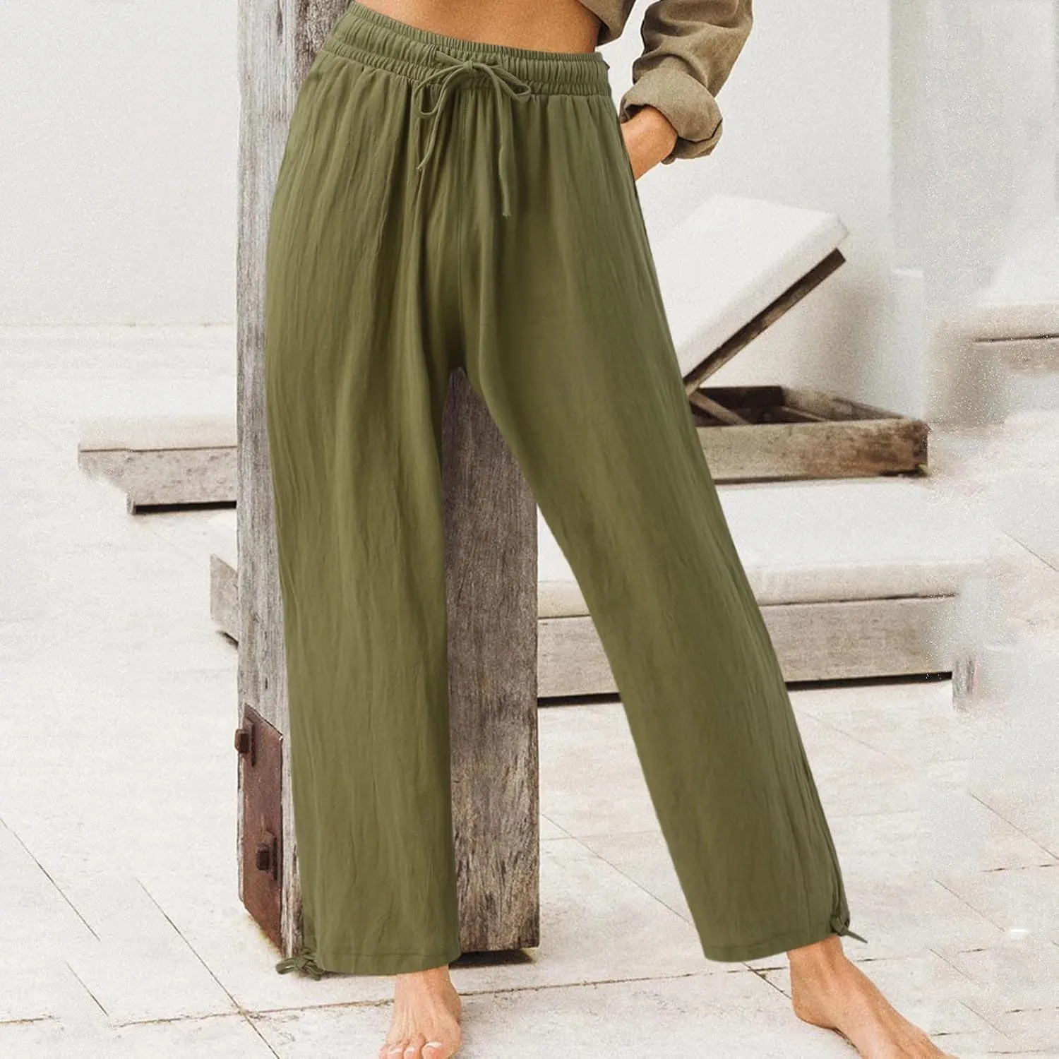 Plus Size Linen Pants for Women Casual High Waisted Wide Leg Palazzo Pants Summer Flowy Beach Trousers with Pockets
