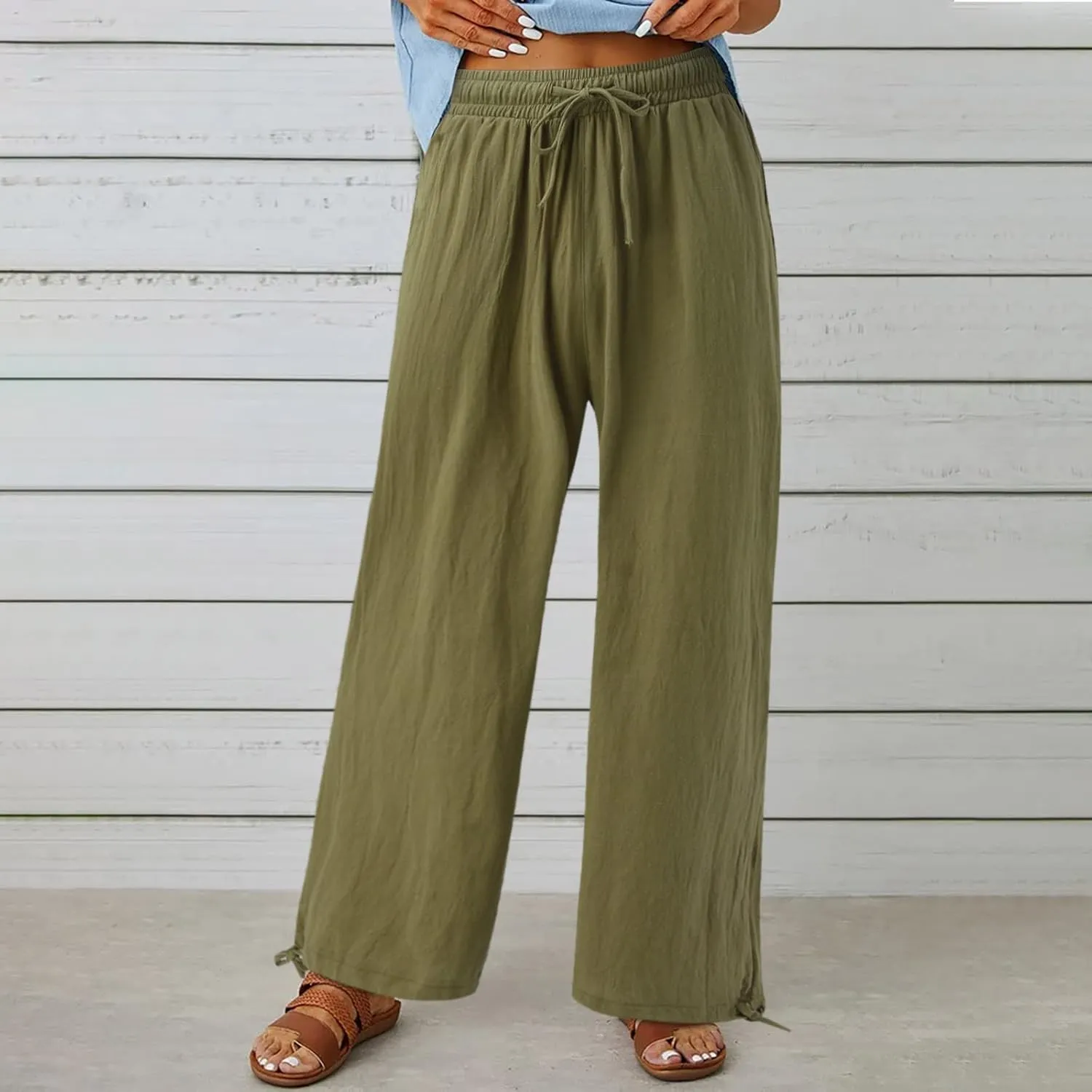 Plus Size Linen Pants for Women Casual High Waisted Wide Leg Palazzo Pants Summer Flowy Beach Trousers with Pockets
