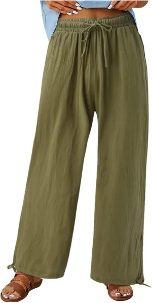 Plus Size Linen Pants for Women Casual High Waisted Wide Leg Palazzo Pants Summer Flowy Beach Trousers with Pockets