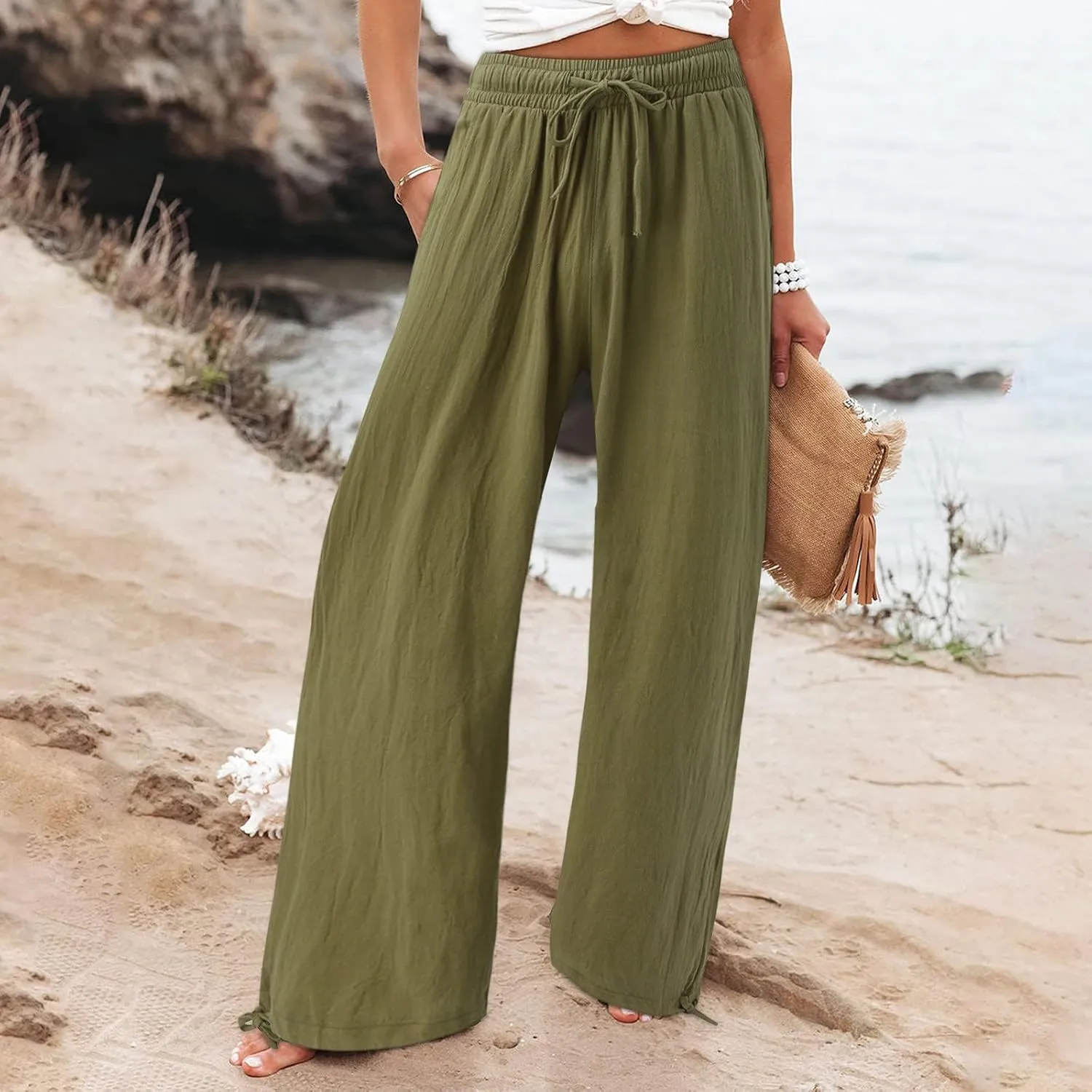 Plus Size Linen Pants for Women Casual High Waisted Wide Leg Palazzo Pants Summer Flowy Beach Trousers with Pockets