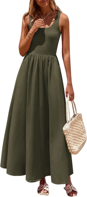 PRETTYGARDEN Womens Summer Casual Scoop Neck Sleeveless Long Dresses Tank Top Patchwork Aline Swing Maxi Dress with Pockets