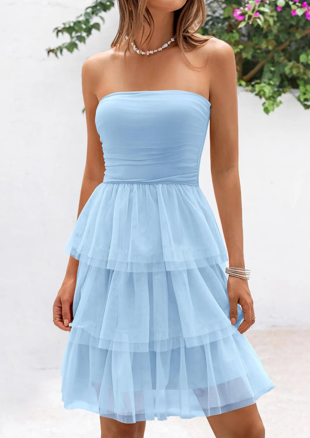PRETTYGARDEN Womens Tulle Dress Strapless Tube Top Short Dress Summer Ruffle Tiered Beach Sundress Wedding Guest Dresses