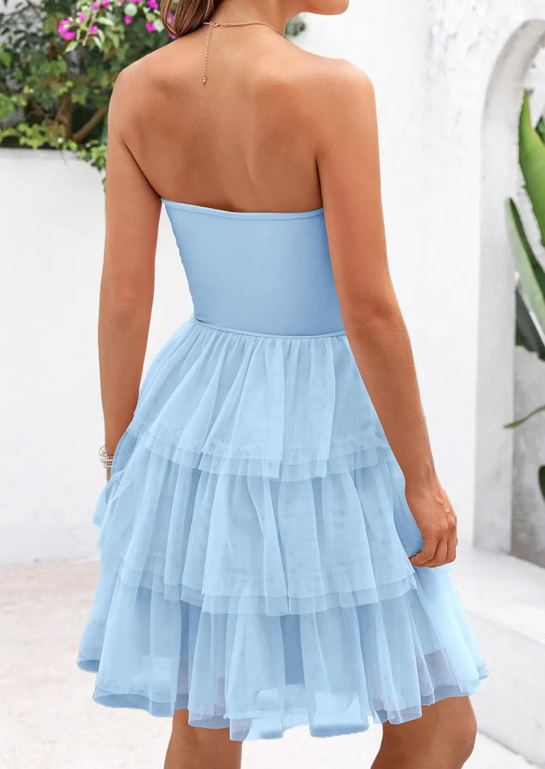 PRETTYGARDEN Womens Tulle Dress Strapless Tube Top Short Dress Summer Ruffle Tiered Beach Sundress Wedding Guest Dresses