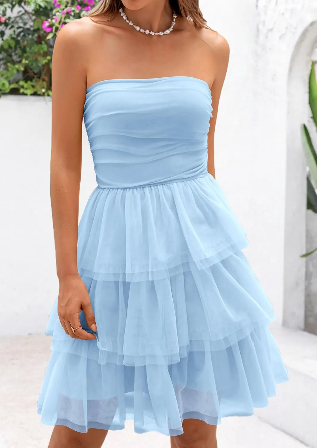 PRETTYGARDEN Womens Tulle Dress Strapless Tube Top Short Dress Summer Ruffle Tiered Beach Sundress Wedding Guest Dresses
