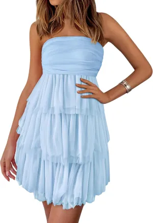 PRETTYGARDEN Womens Tulle Dress Strapless Tube Top Short Dress Summer Ruffle Tiered Beach Sundress Wedding Guest Dresses