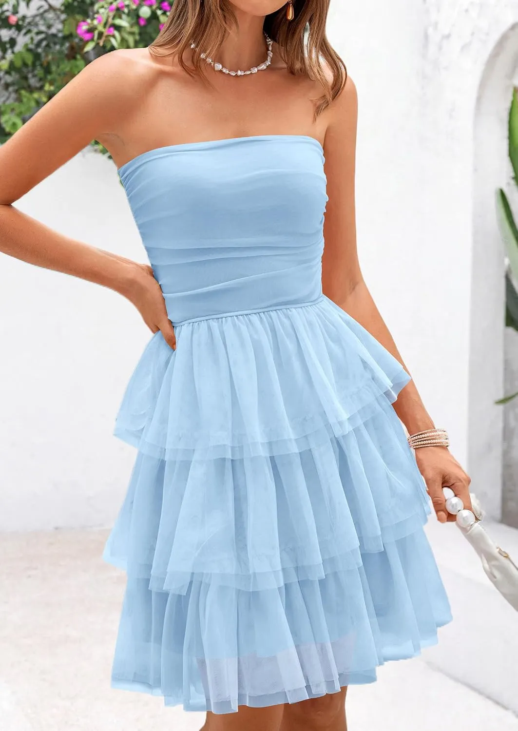 PRETTYGARDEN Womens Tulle Dress Strapless Tube Top Short Dress Summer Ruffle Tiered Beach Sundress Wedding Guest Dresses