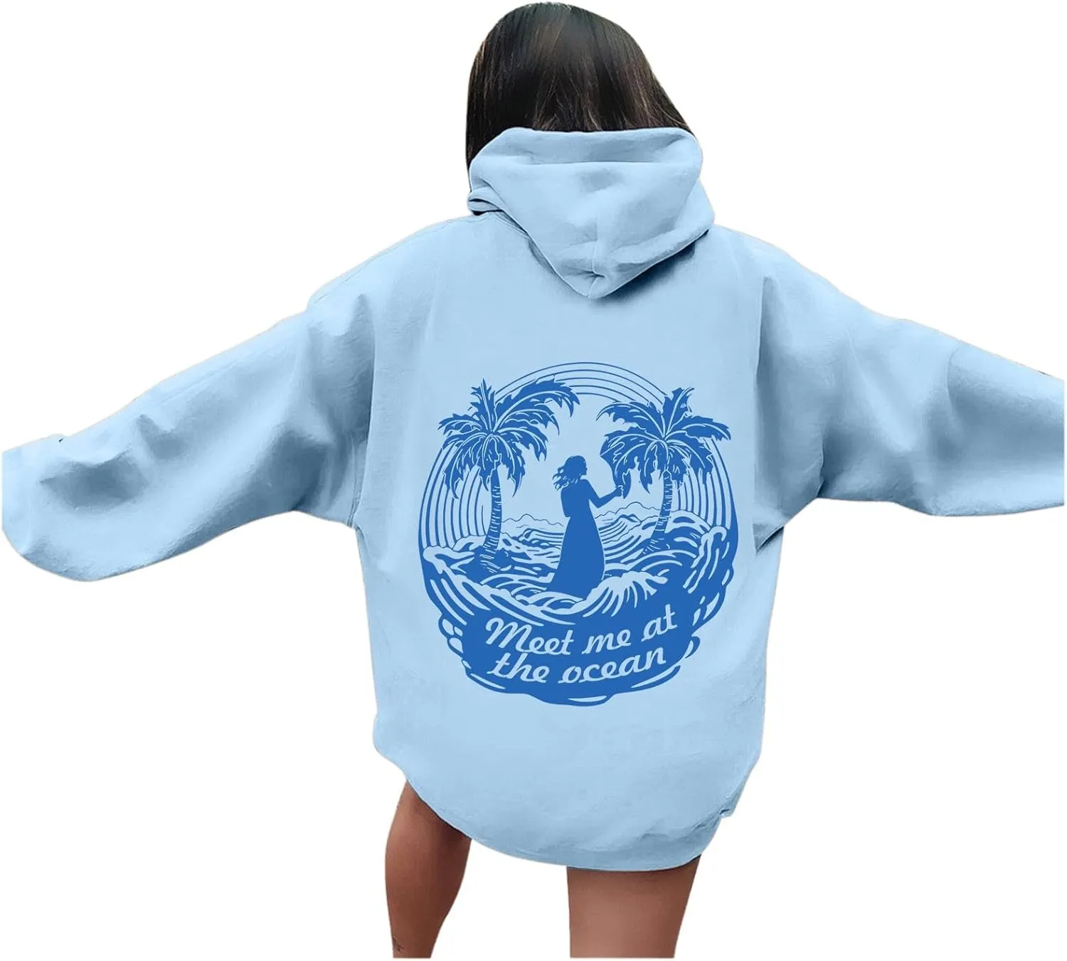 Puff Oversized Hoodies for Women, Teen Girls Preppy Sweatshirt Long Sleeve Y2K Graphic Ocean Pullover Top with Pocket