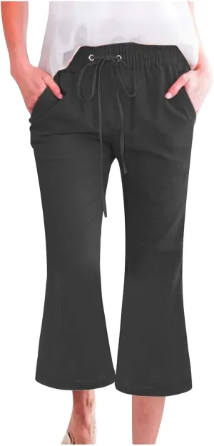 Pull On Linen Capris for Women Dressy Casual Stretch Lightweight Capri Elastic High Waist Lounge Pants 2025 Summer S-5X