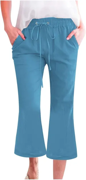 Pull On Linen Capris for Women Dressy Casual Stretch Lightweight Capri Elastic High Waist Lounge Pants 2025 Summer S-5X