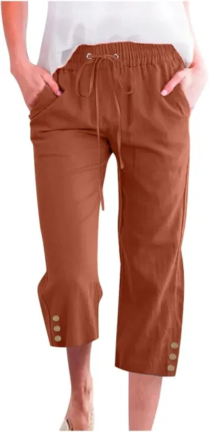 Pull On Linen Capris for Women Dressy Casual Stretch Lightweight Capri Elastic High Waist Lounge Pants 2025 Summer S-5X