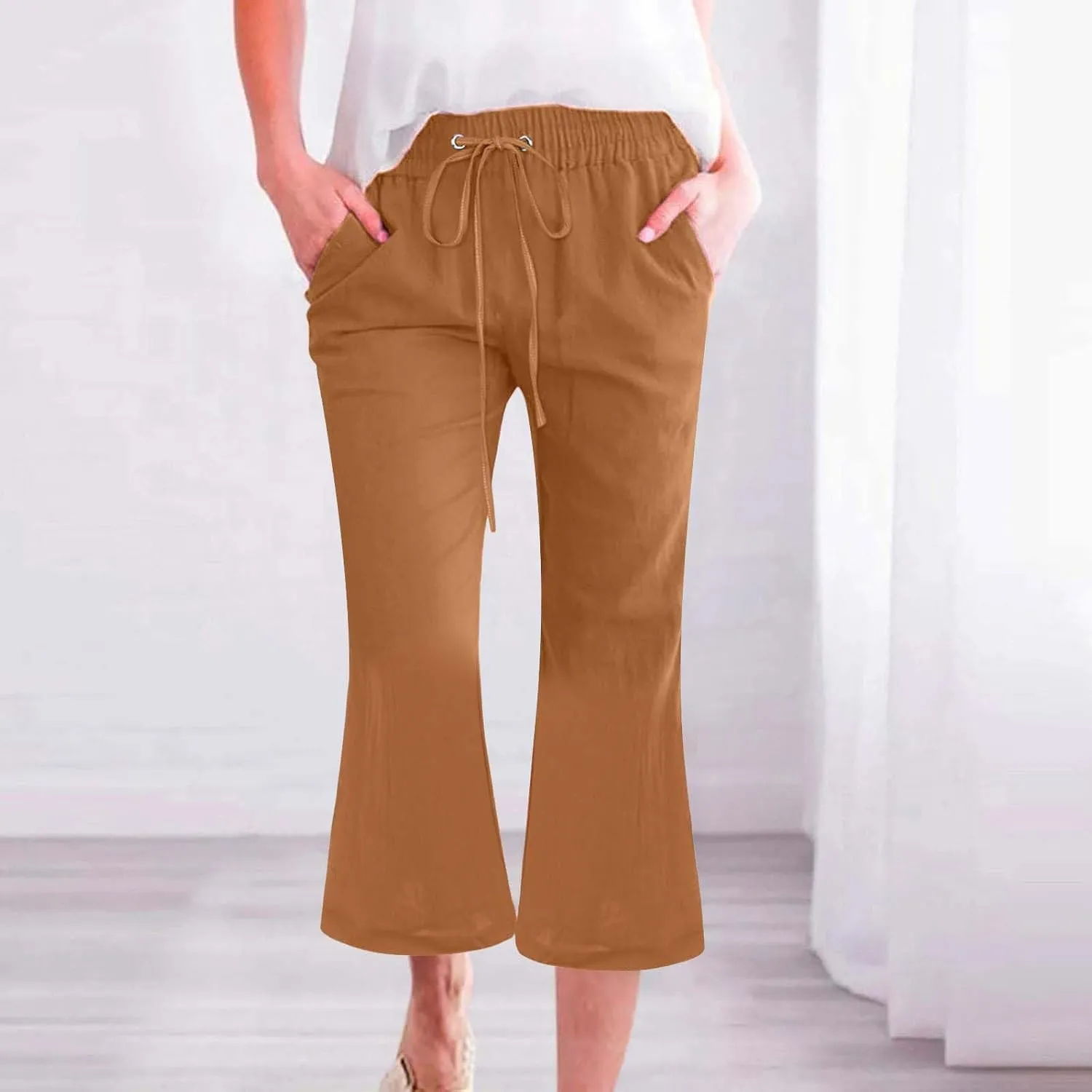 Pull On Linen Capris for Women Dressy Casual Stretch Lightweight Capri Elastic High Waist Lounge Pants 2025 Summer S-5X