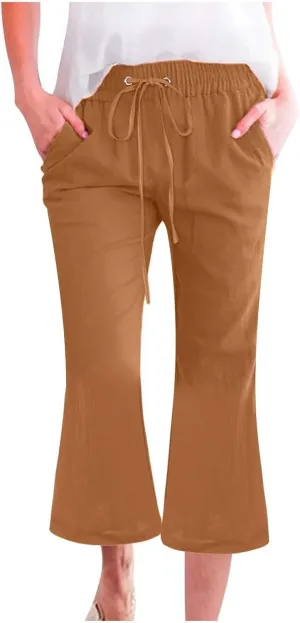 Pull On Linen Capris for Women Dressy Casual Stretch Lightweight Capri Elastic High Waist Lounge Pants 2025 Summer S-5X